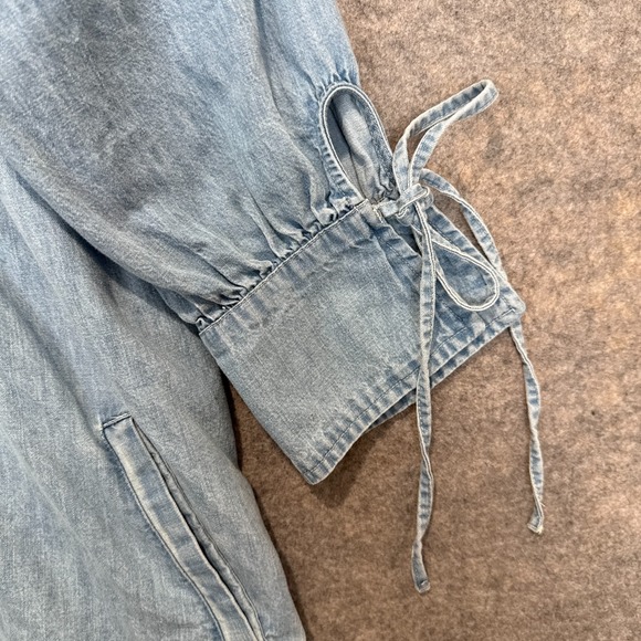 Free People Sonora Denim Mini Dress Women Medium Relaxed Babydoll Square 3/4 Tie - Picture 4 of 15